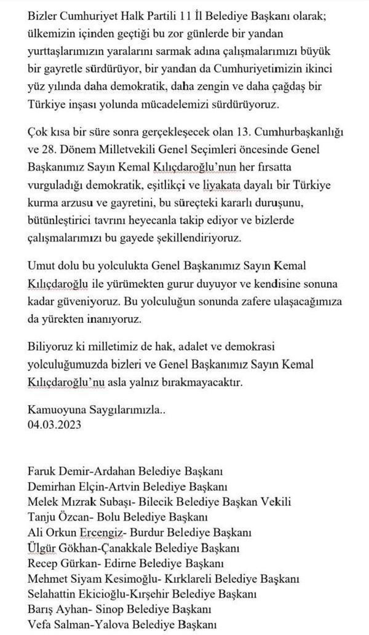 CHP'li 11 vilayet belediye lideri: Kılıçdaroğlu'na sonuna kadar güveniyoruz