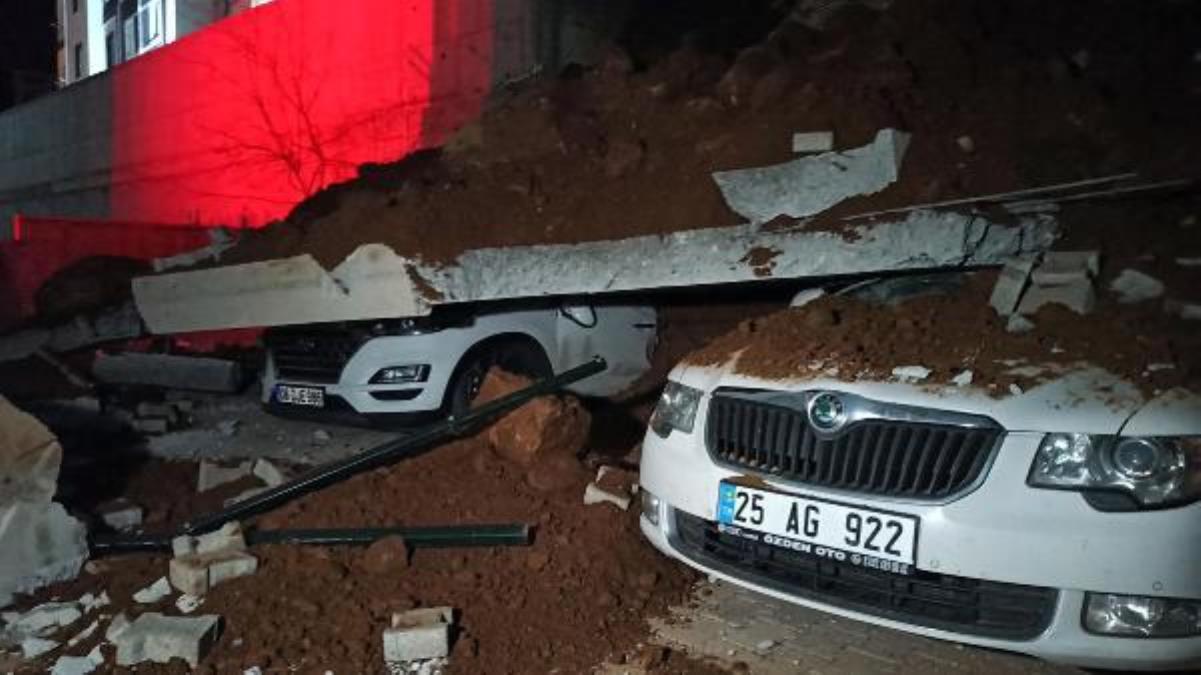 Yozgat'ta istinat duvarı çöktü, park halindeki 11 araç hasar gördü