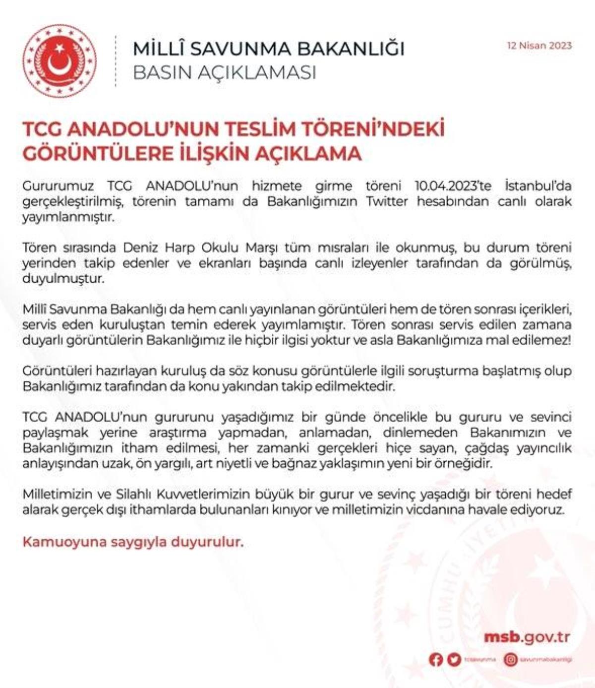 MSB'den TCG Anadolu'nun teslim törenindeki manzaralara ait açıklama