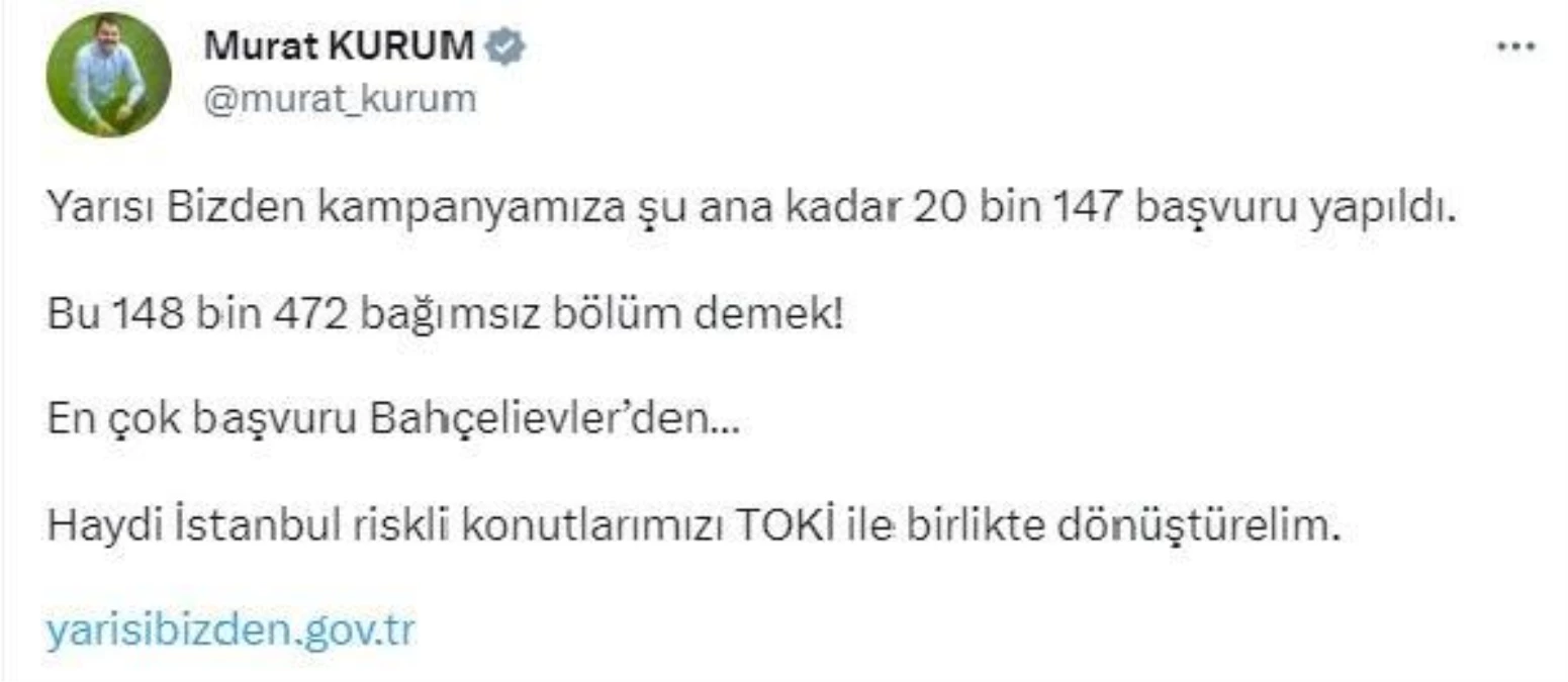 Bakan Kurum: Haydi İstanbul riskli konutlarımızı TOKİ ile birlikte dönüştürelim
