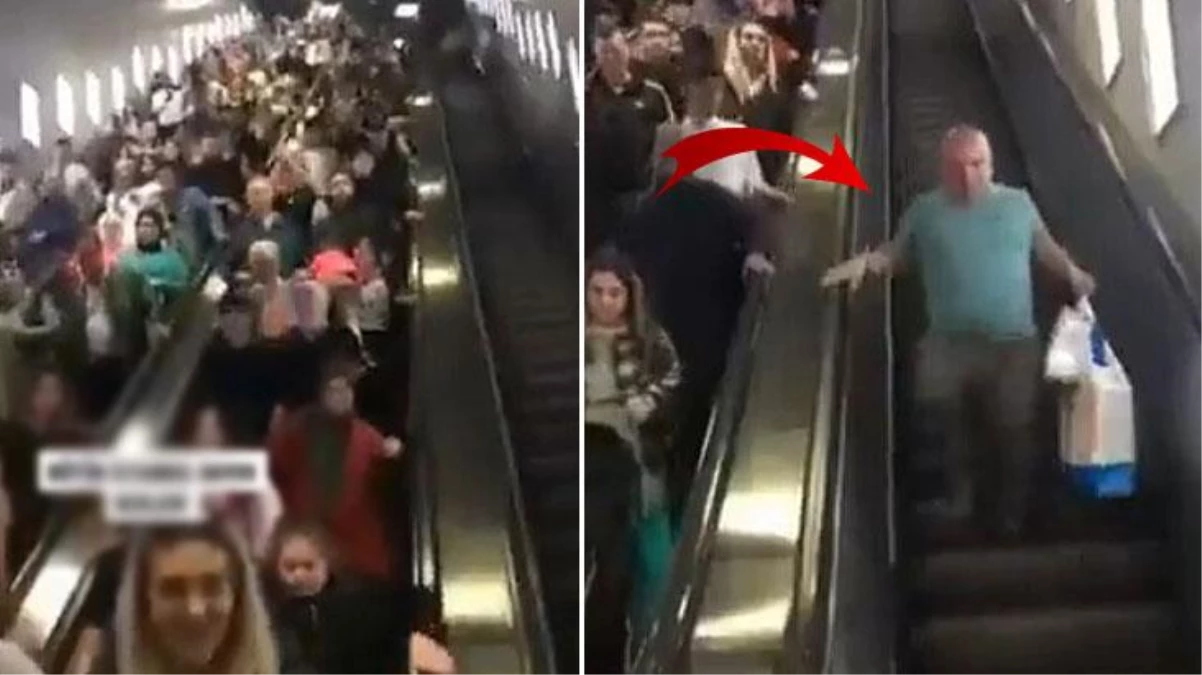 Metrodaki kalabalığa girmek istemeyen vatandaş, yürüyen merdivenlere aksi taraftan bindi