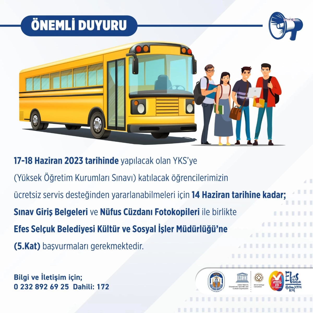 Efes Selçuk Belediyesi'nden Yks'ye Girecek Öğrencilere Ulaşım Dayanağı
