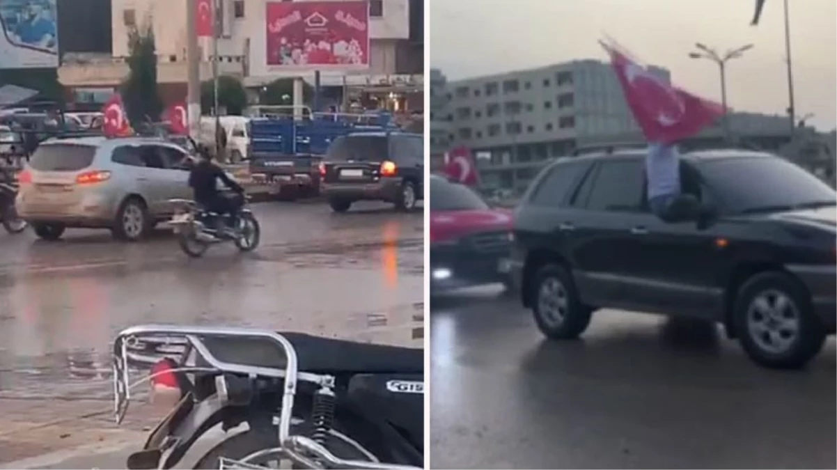 Erdoğan'ın seçim zaferi Azez'de kutlandı! Halk, konvoy oluşturup Türk bayrağı salladı